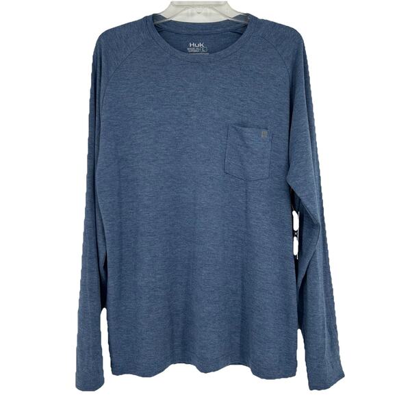 NEW Huk Mens Waypoint Long Sleeve Shirt Blue Outdoor Fishing Casual UPF 50+ Sz L - Picture 1 of 10